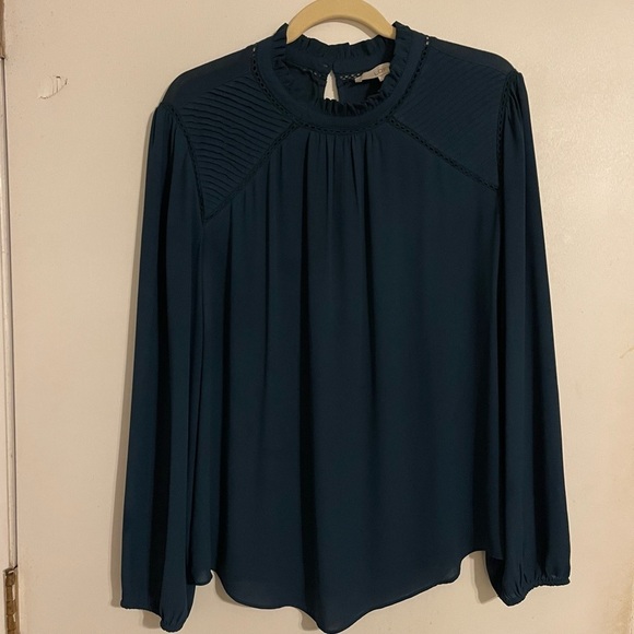 LOFT Tops - Loft | Mixed Media Ruffle Mock Neck Blouse | L